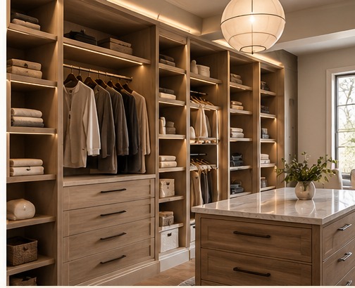 Custom closet system with built-in storage
