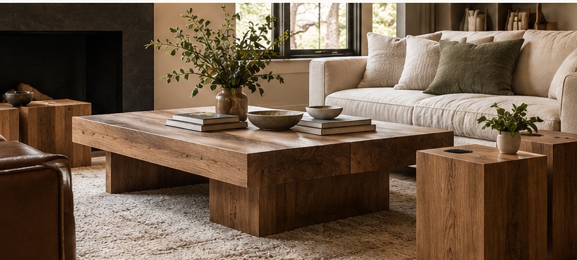 Custom coffee table and end tables in a living room