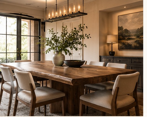 Custom dining table in a warm dining room